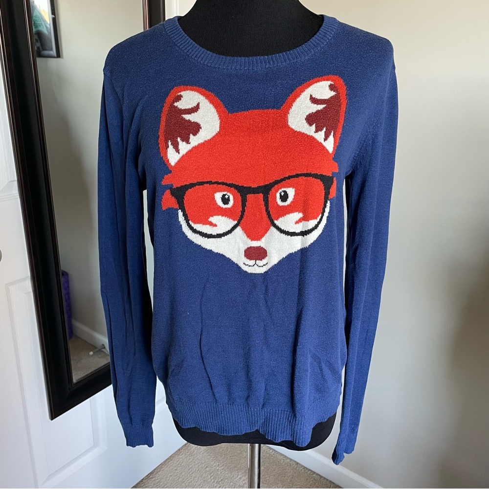 Navy blue fox with glasses sweater